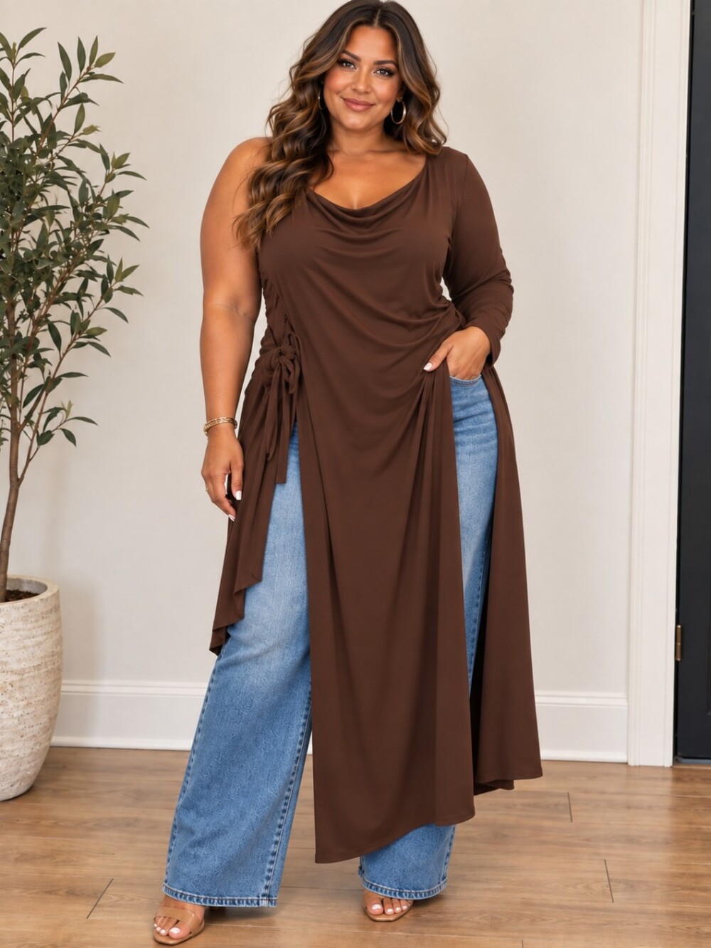 naked wardrobe One-Shoulder Chocolate Brown Side Drape Maxi Tunic